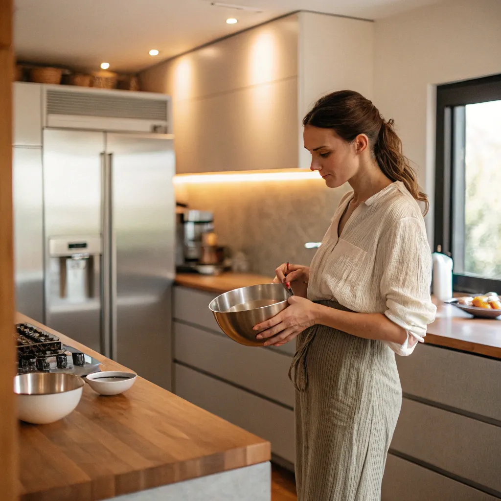 Woman with a mixing bowl in kitchen
